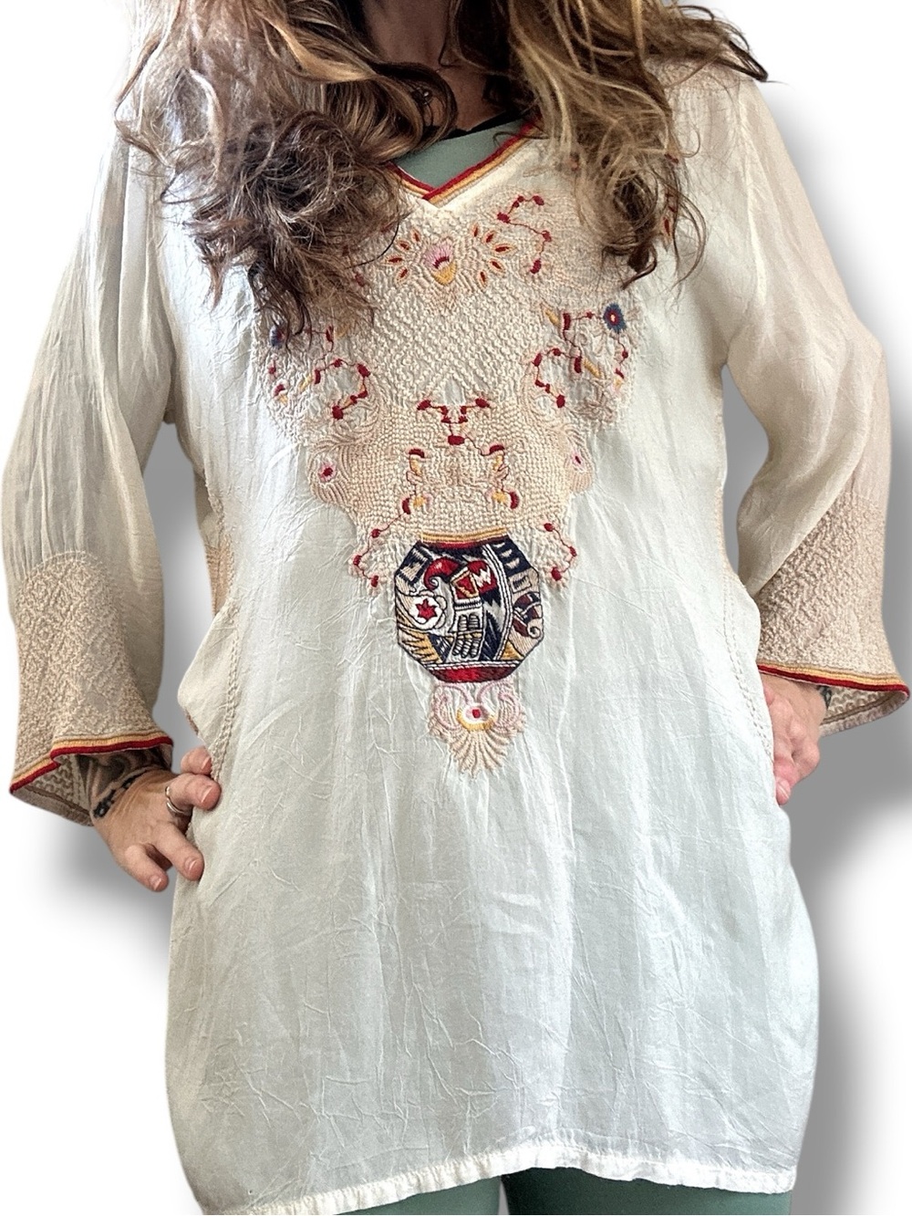 Johnny Was Embroidered V-Neck Cream Womens Tunic Top size Large - Picture 13 of 17